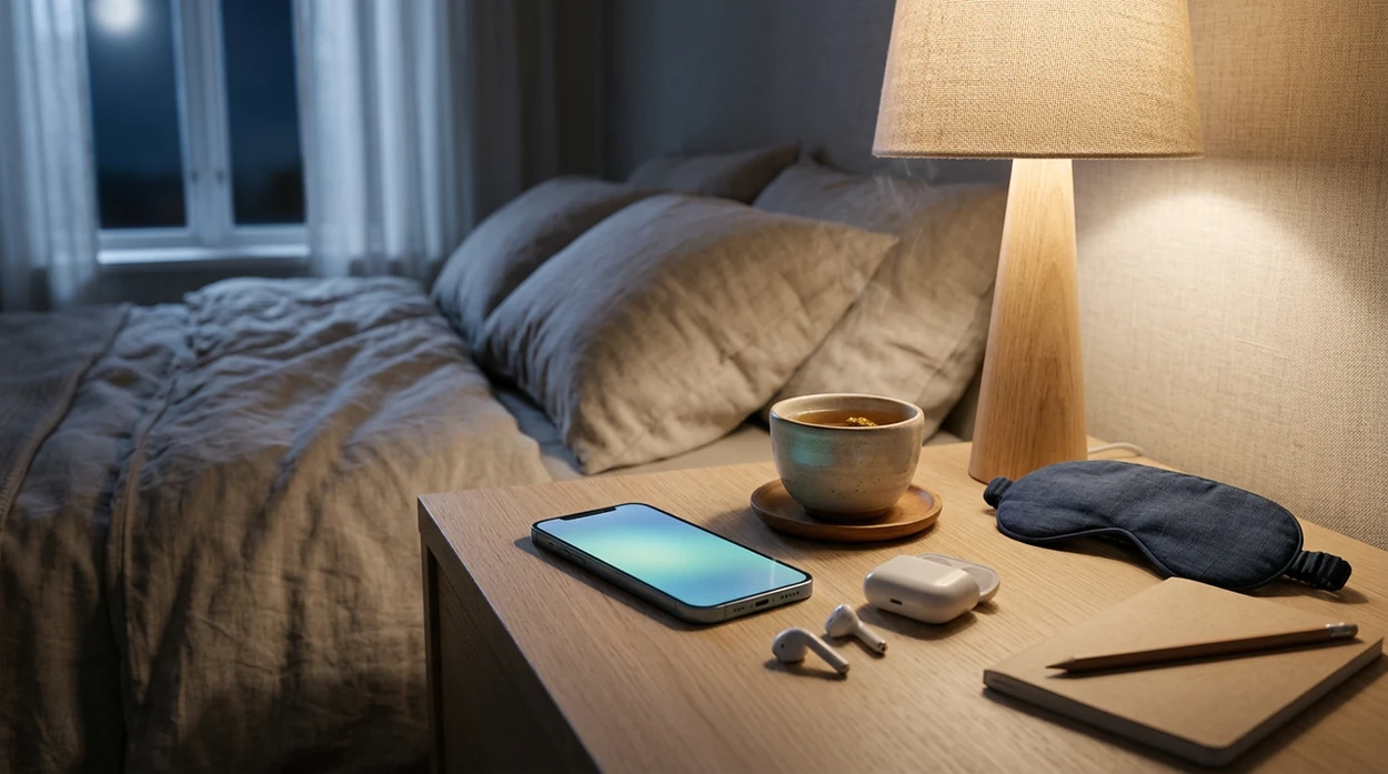 A calm bedside table shows a glowing phone, bedside phone with a downloaded calm track.