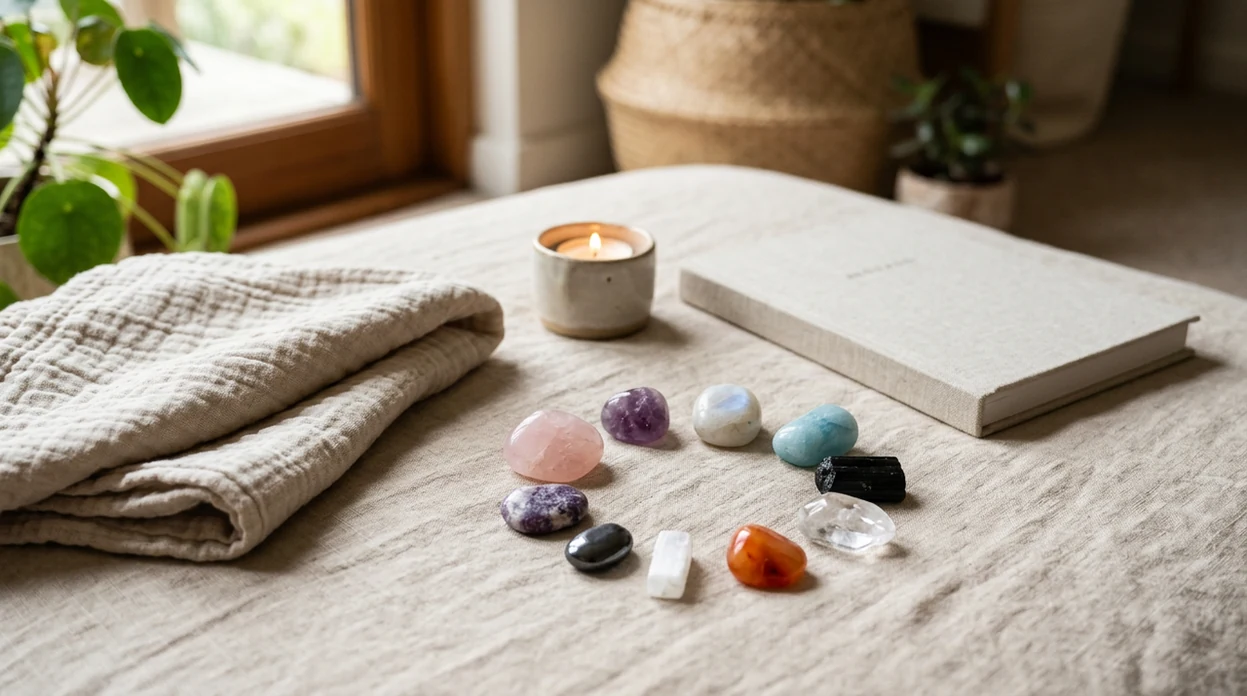 A calm pregnancy ritual still life with smooth crystals, a muslin blanket, and soft natural light.