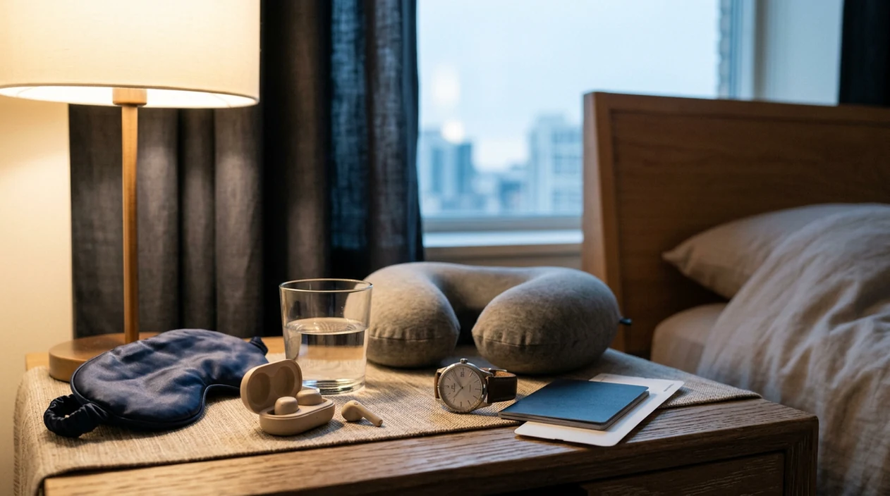 A hotel bedside table with an eye mask, sleep mask and phone on the nightstand.
