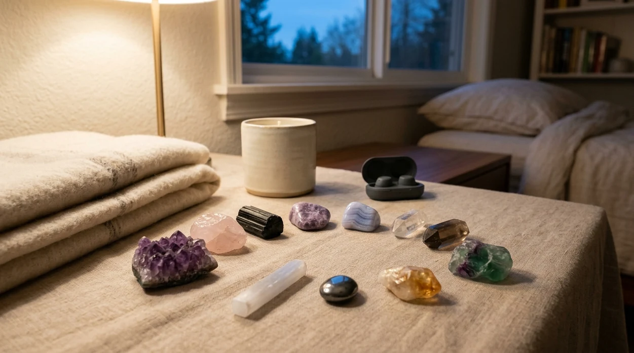 Eleven calming crystals rest on linen beside a candle and low light, blanket, and phone for guided audio.