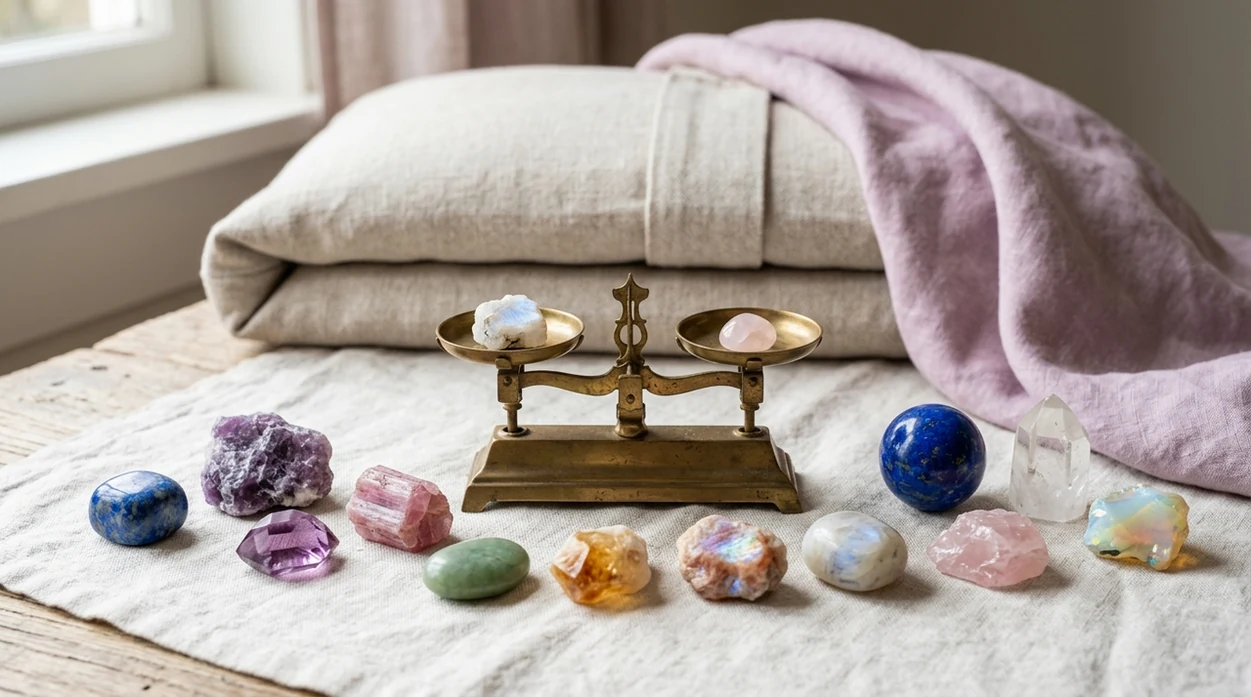 Eleven Libra-associated crystals arranged around a brass balance scale on soft linen.