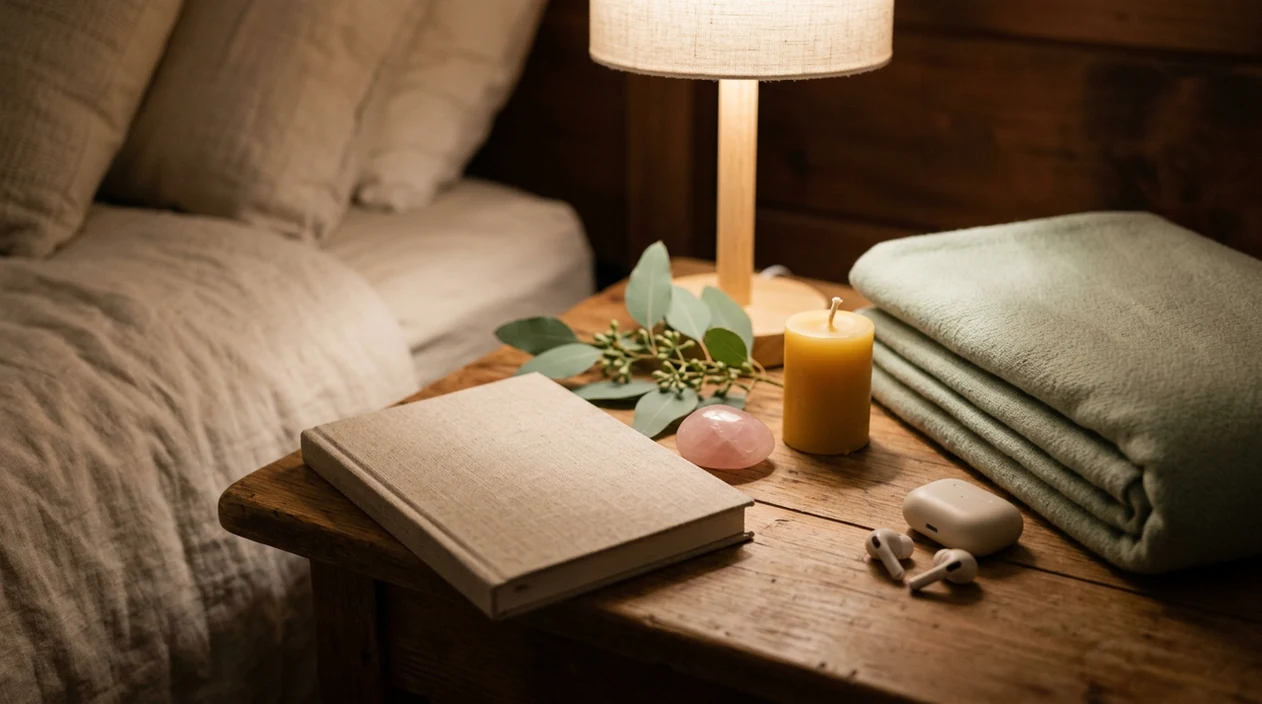 A quiet bedside meditation setup with a journal, rose quartz, eucalyptus, candle, and bedside phone with a downloaded calm track.