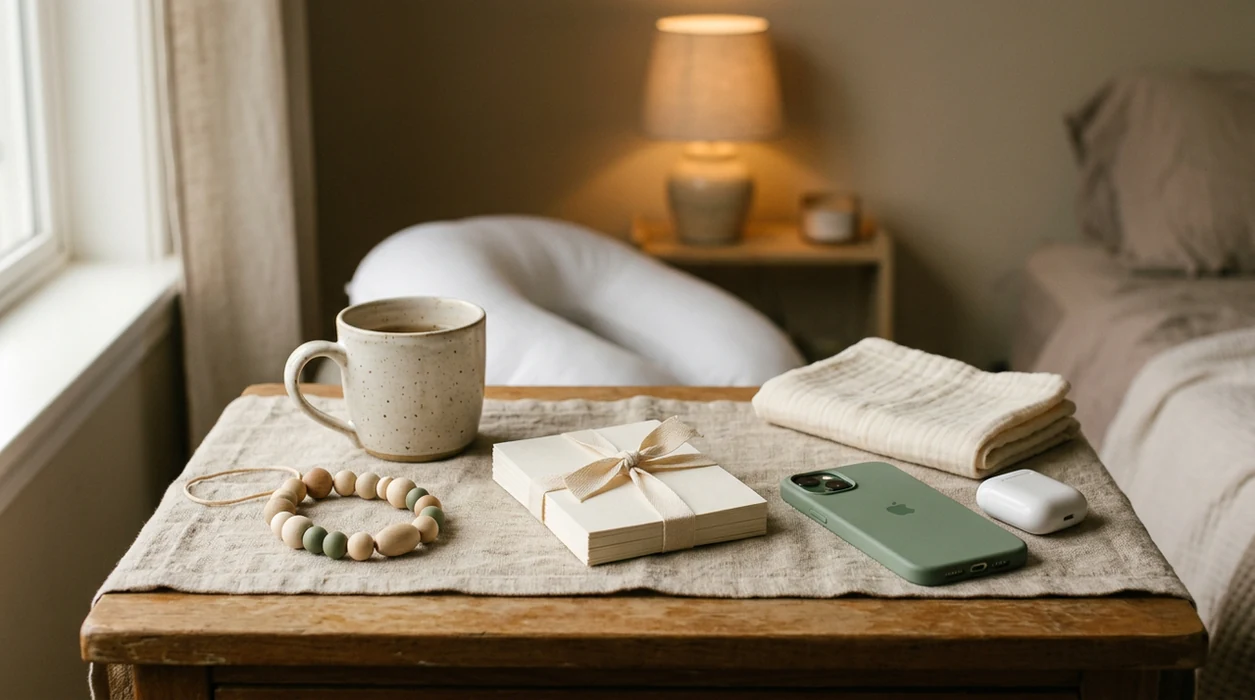 Blank affirmation cards, earbuds, and calming birth practice items rest on a soft bedside table.