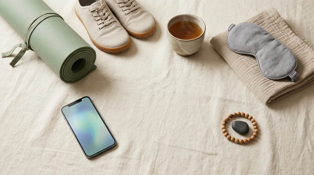 A calm flat lay shows movement, tea, sleep, mindfulness, and app-supported relaxation tools.
