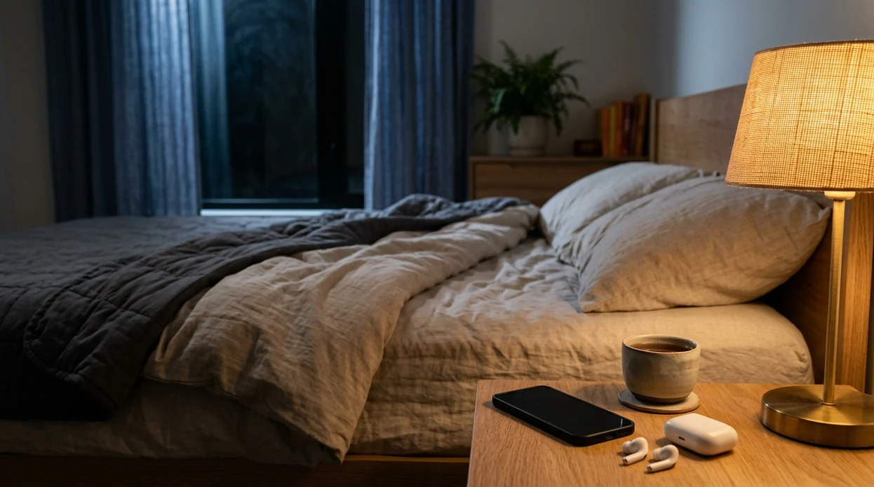 A calm bedside scene with a phone, phone on the nightstand with sleep audio ready.