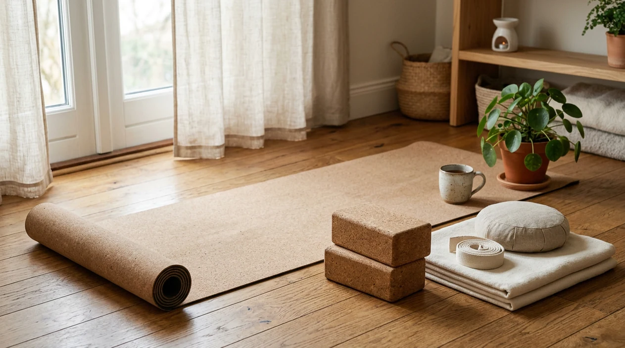 A calm home yoga space with a mat, props, blanket, cushion, plant, and soft window light.