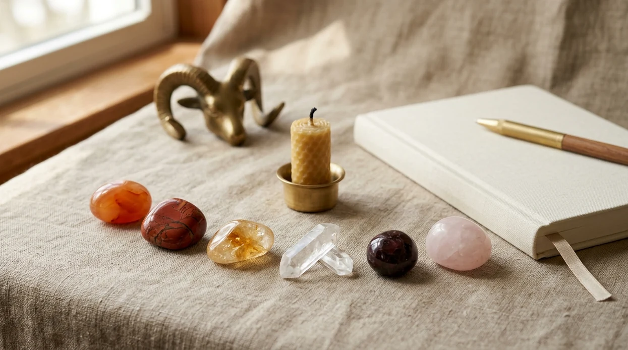 Six Aries crystals arranged beside a candle and blank journal for a calm meditation routine.