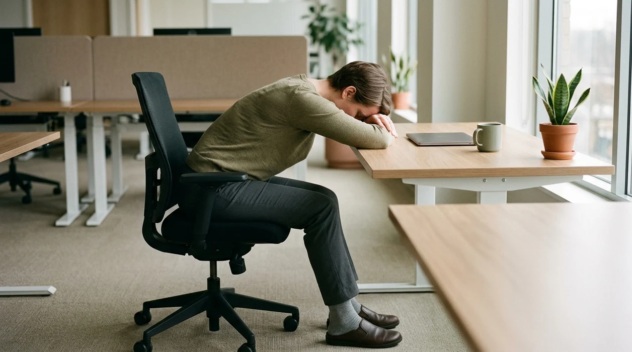 A worker gently stretches at a desk with forearms supported, creating a calm office yoga reset.
