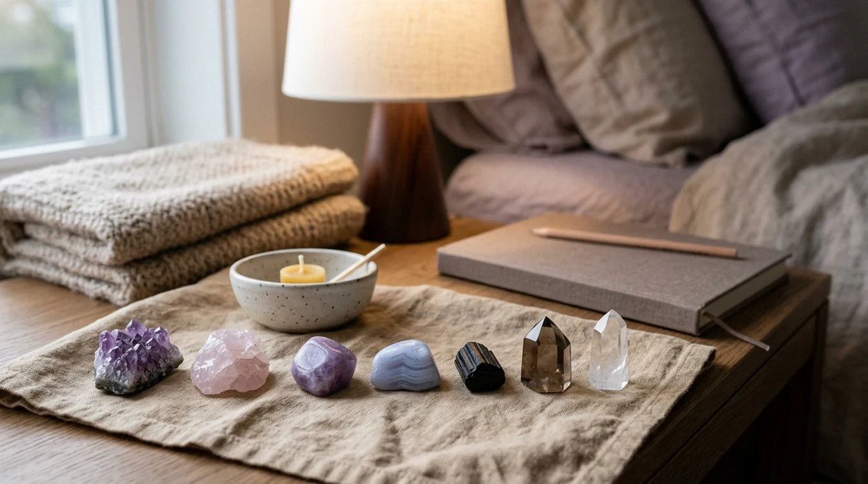 Seven calming crystals arranged on linen beside a candle in a peaceful bedtime meditation setting.