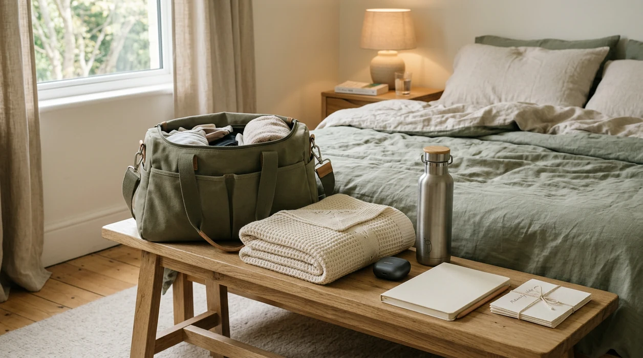 A calm hospital bag still life with baby blanket, earbuds, notebook, and birth prep items on a bench.