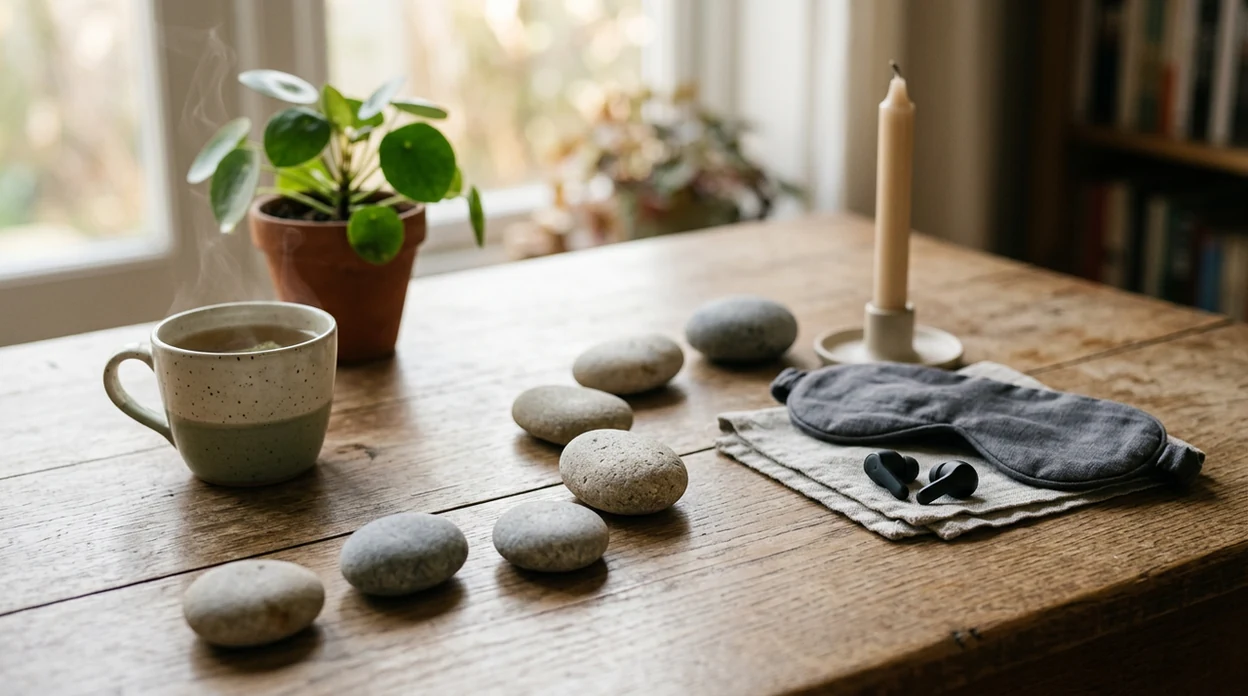 Seven smooth stones form a calm path beside tea, phone on the nightstand with sleep audio ready.