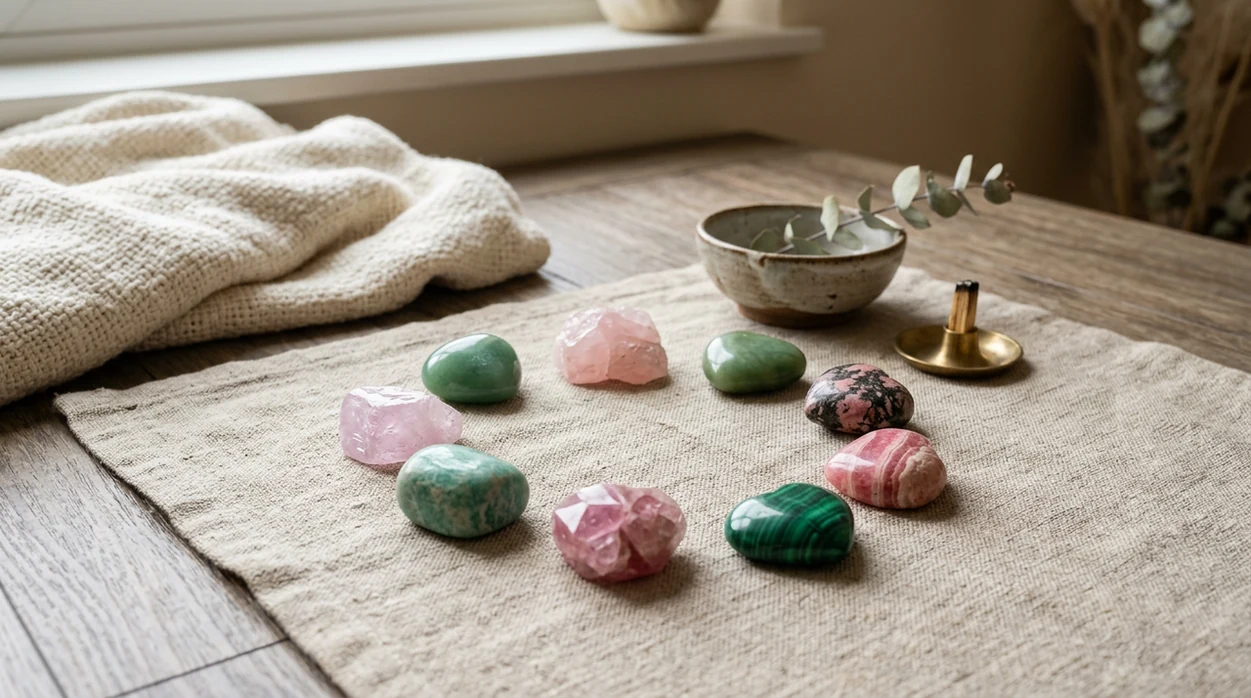 Nine pink and green heart chakra crystals rest on a linen meditation mat in soft morning light.