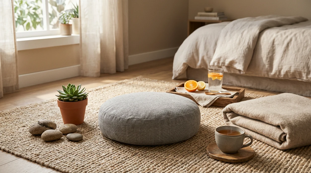 A meditation cushion with stones, tea, blanket, water, and orange arranged for calm and gentle energy.