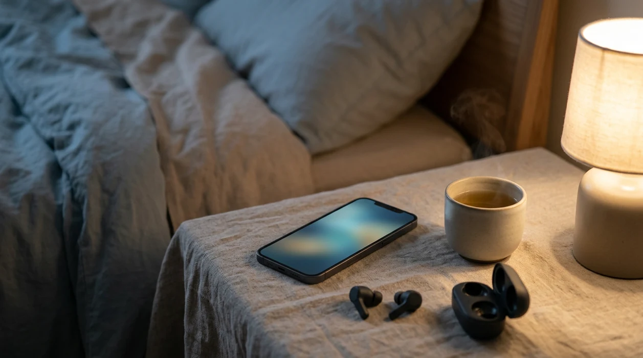 A dim smartphone, earbuds, tea, and warm bedside lamp arranged for a calm nighttime meditation routine.