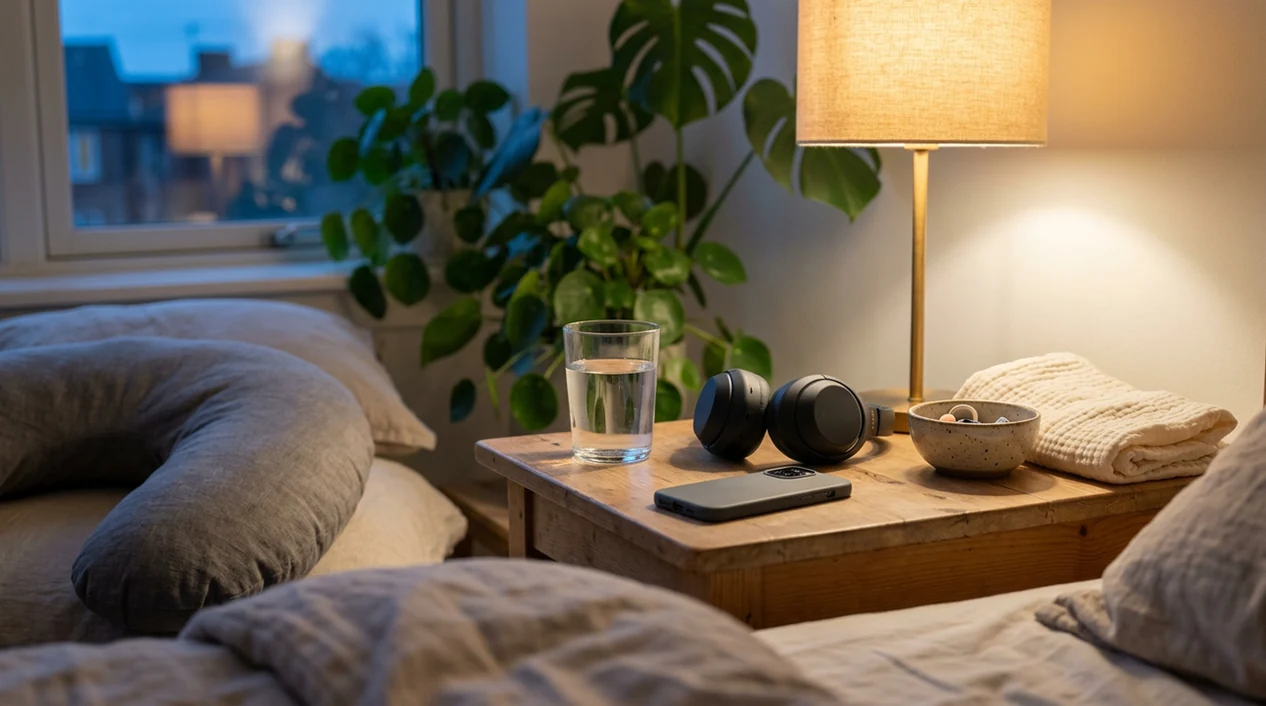 A calm bedside setup with headphones, water, soft bedding, and a pregnancy pillow in evening light.