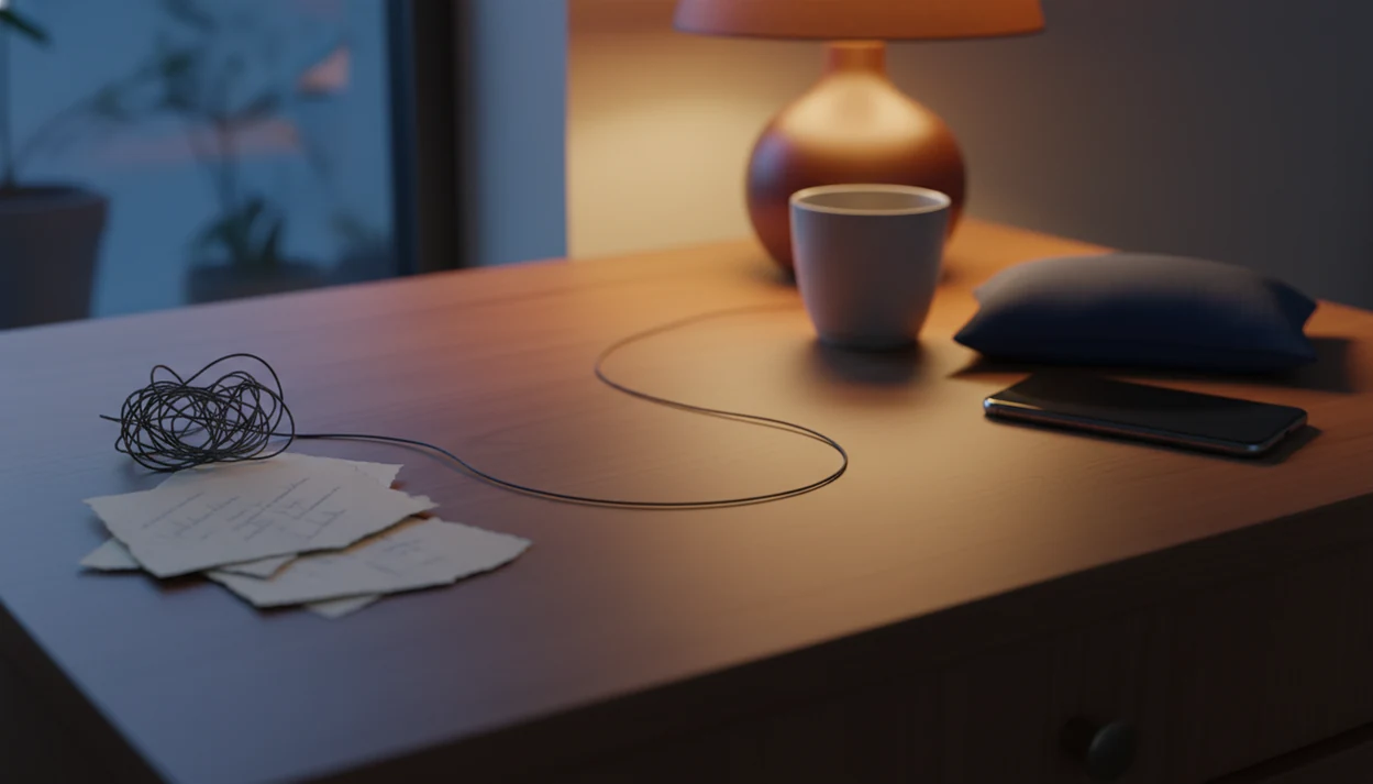 A tangled dark thread on a bedside table gradually untangles beside calming sleep objects.