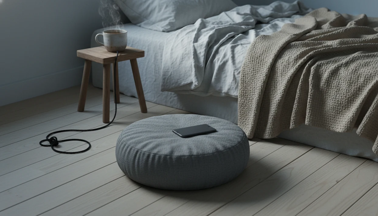 A quiet bedroom corner with a meditation cushion, tea, and a loosening strand of yarn at dawn.