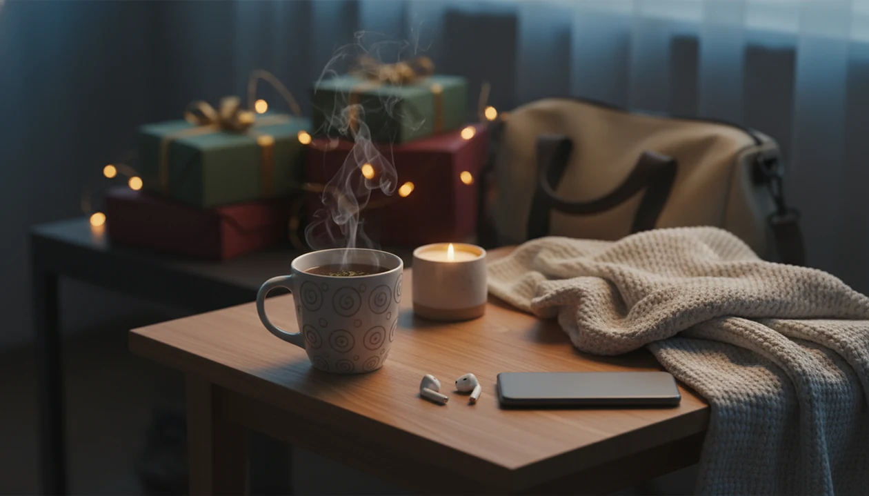 A calm holiday corner with tea, speaker and dim light on the bedside table.