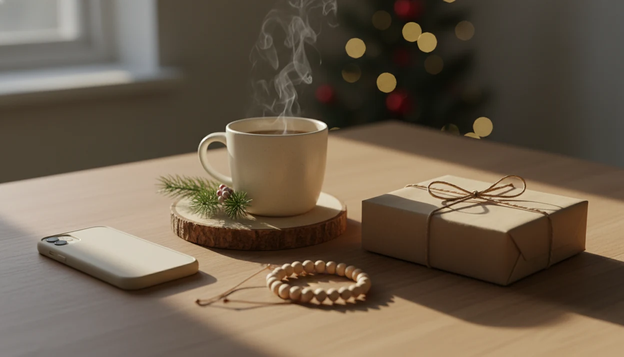 A calm holiday table with tea, a wrapped gift, greenery, and a face-down phone for a mindful pause.