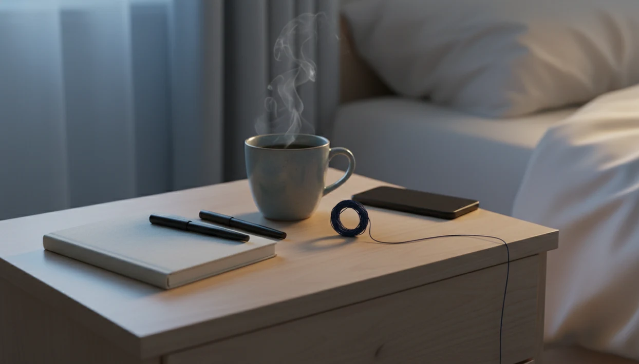 A calm bedside still life shows a notebook, tea, and tangled thread unwinding in soft morning light.