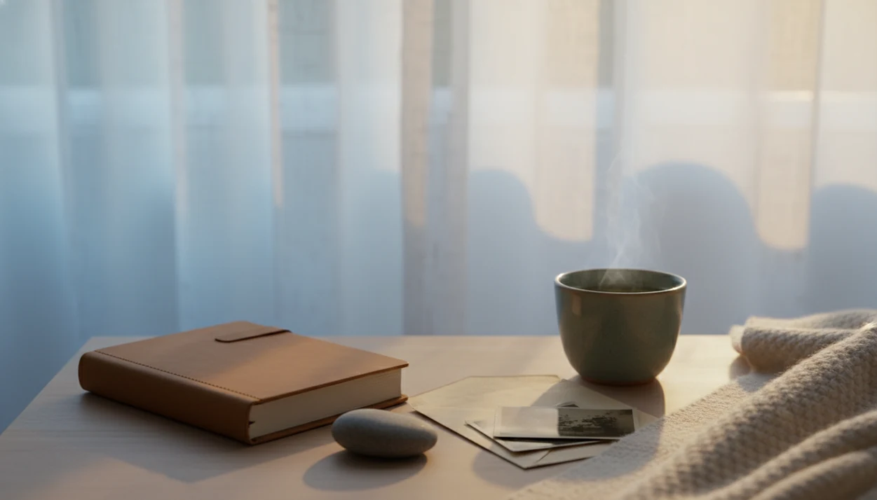 A calm bedroom nightstand with a journal, stone, tea, and old photos in soft dawn light.