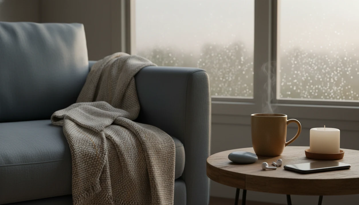 A quiet chair by a rainy window with a blanket, tea, candle, and low light, blanket, and phone for guided audio.