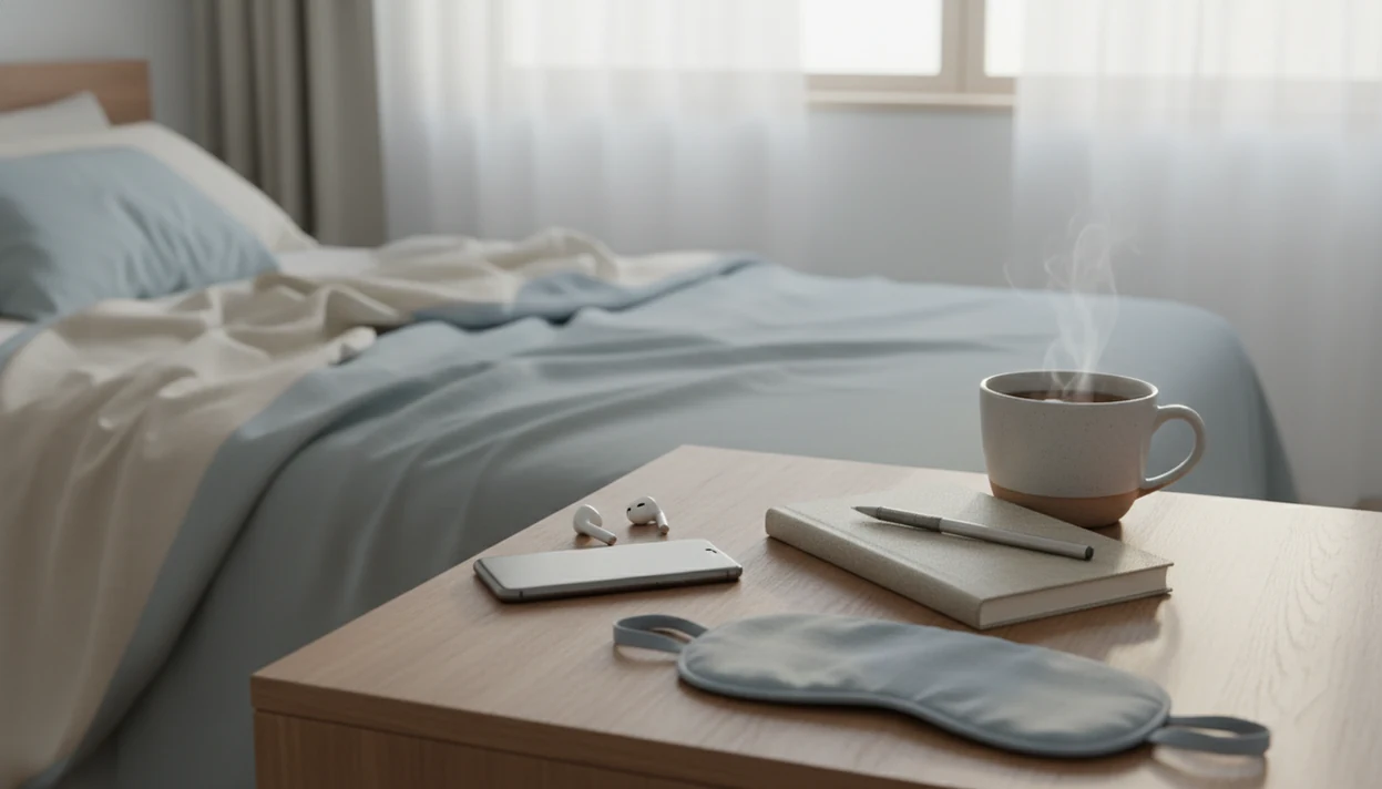 A calm bedside table with tea, phone on the nightstand with sleep audio ready.