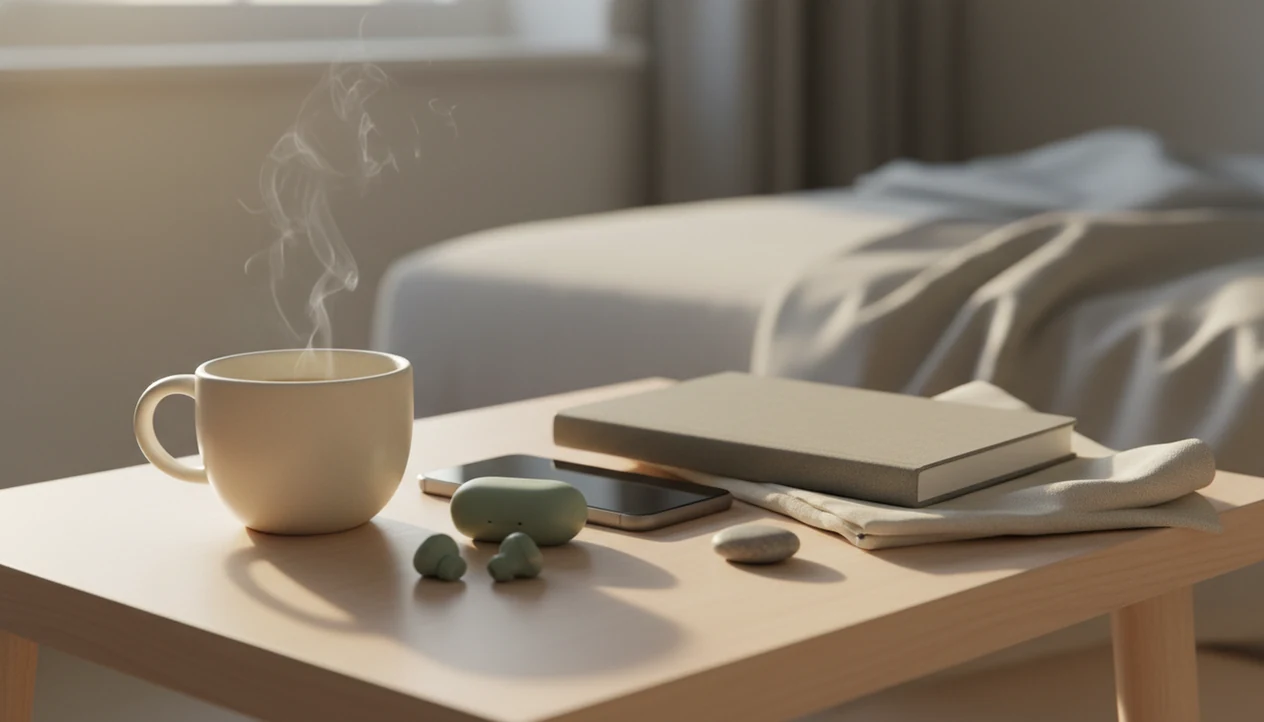A calm bedside still life with tea, low light, blanket, and phone for guided audio.