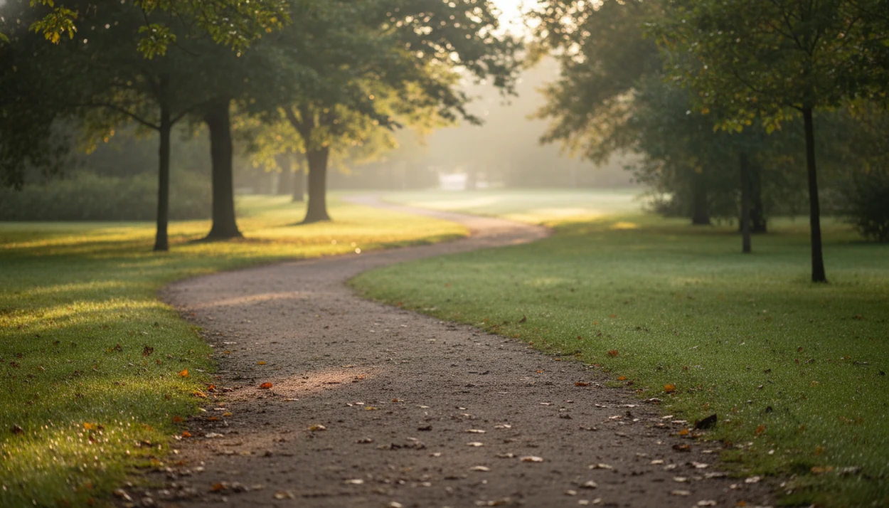A quiet morning path curves through greenery, suggesting a calm place for walking meditation.