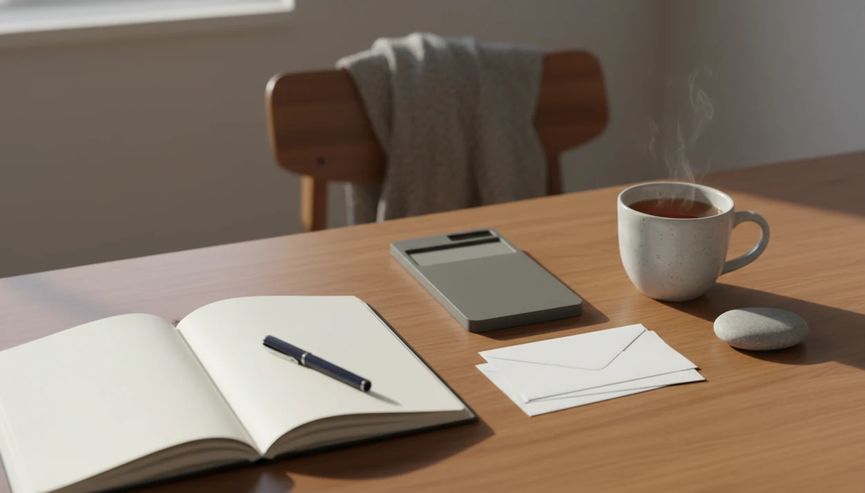 A calm desk setup with envelopes, a notebook, tea, and grounding objects for money stress.