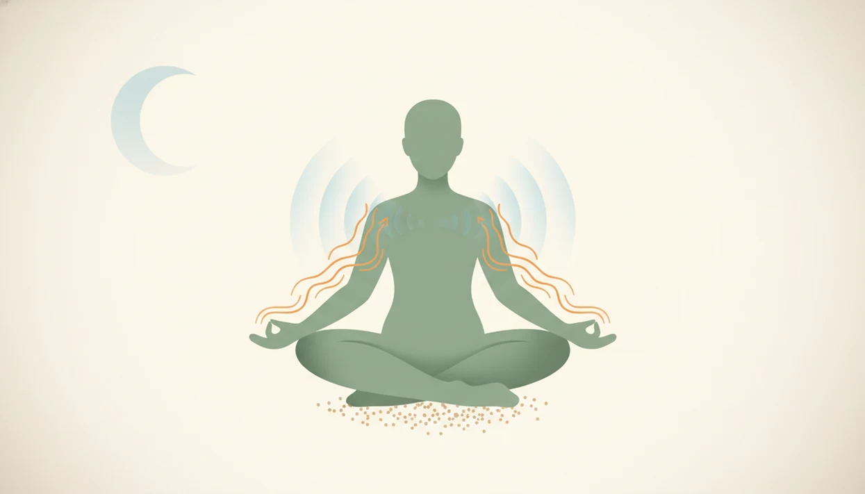 A calm body silhouette with visual cues for breathing, muscle release, grounding, and sleep.