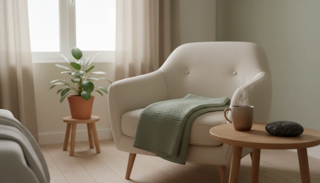 A calm bedroom corner with a chair, blanket, tea, plant, and grounding stone in soft morning light.