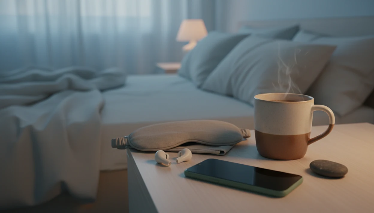 A calm bedside still life with a blank phone, sleep mask and phone on the nightstand.