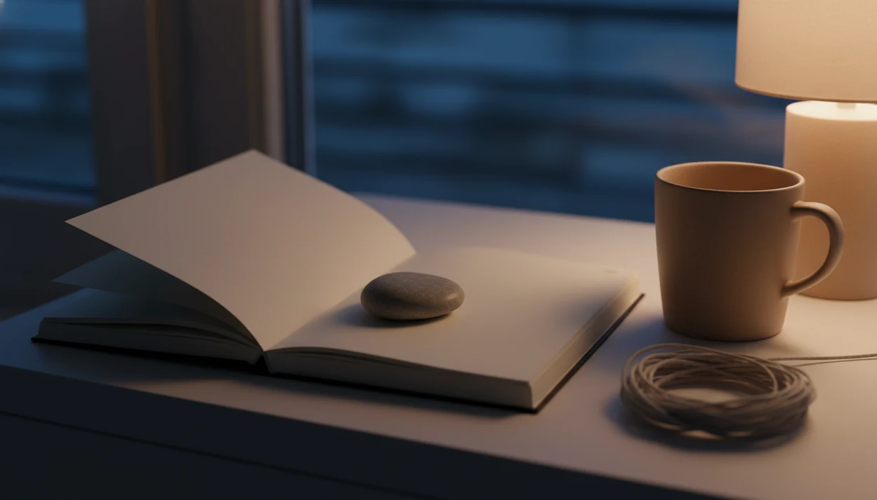 A quiet bedside still life with a blank journal, stone, thread, mug, and soft night light.