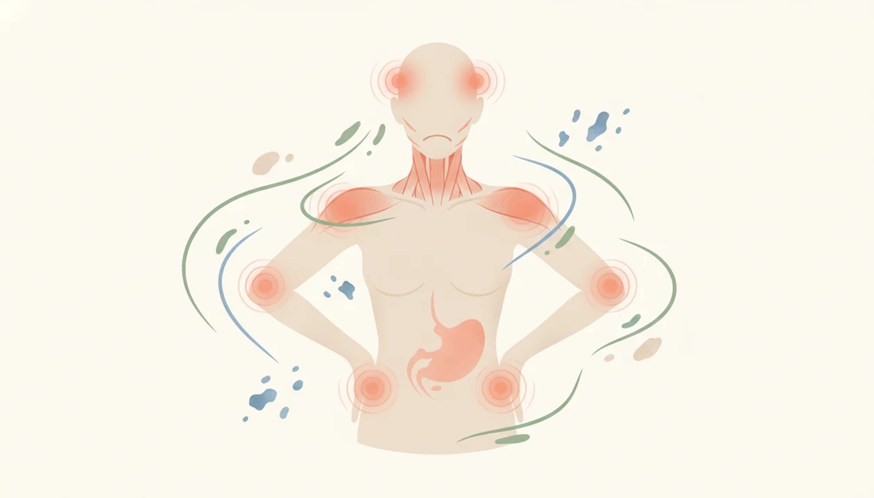 An anonymous body silhouette highlights common stress symptom areas like the head, chest, stomach, and shoulders.