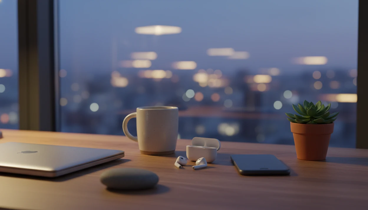 A calm desk scene with a closed laptop, soft lamp and phone beside the bed.