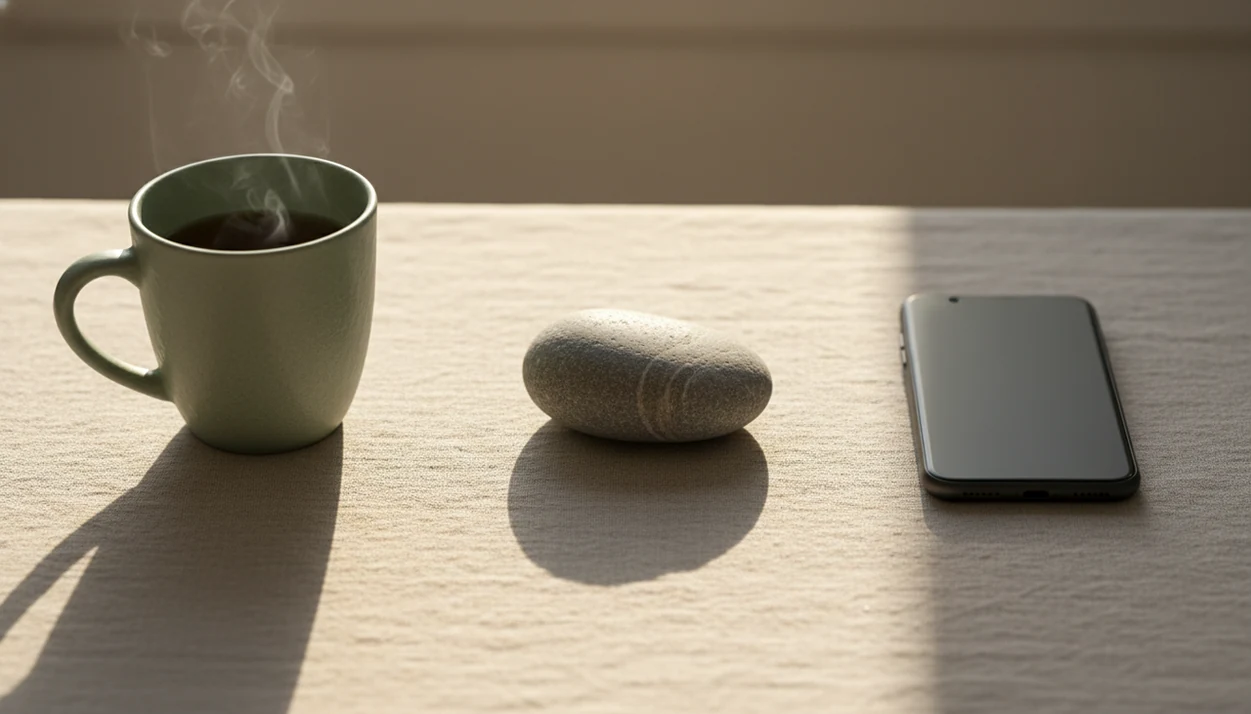 A calm tabletop scene with a stone between a mug and face-down phone, symbolizing a mindful pause.