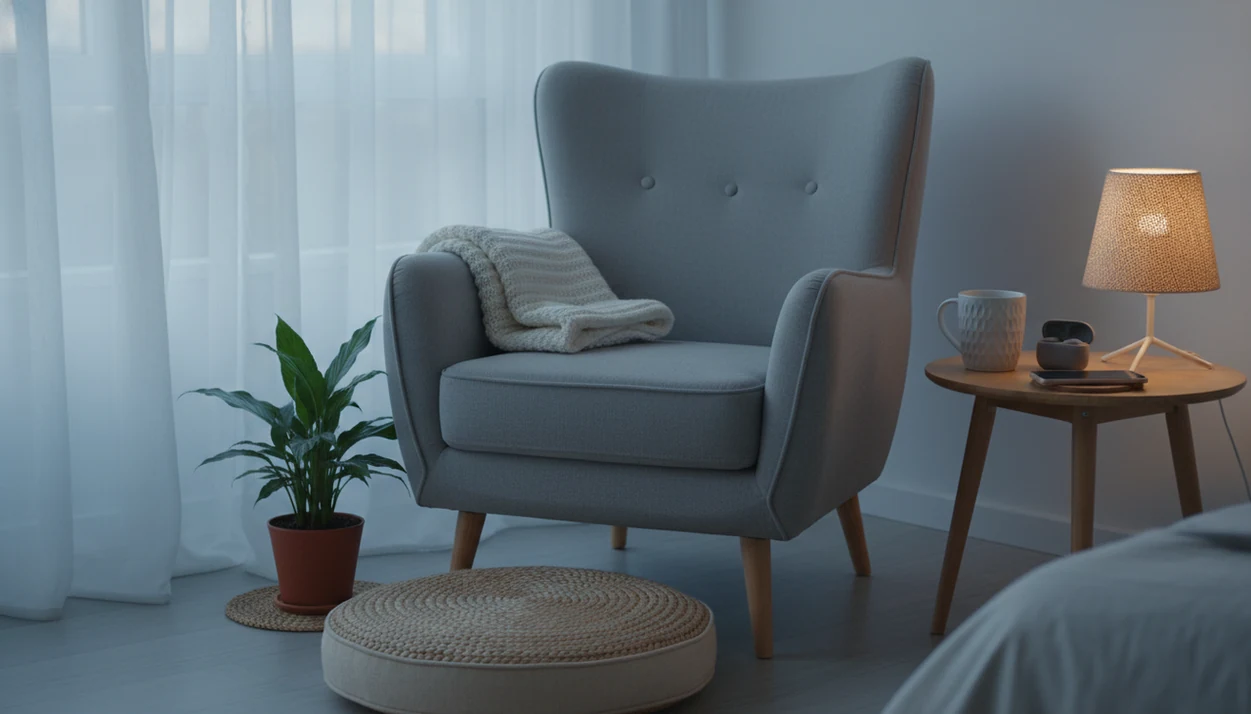 A quiet bedroom corner with a chair, blanket, bedside phone with a downloaded calm track.