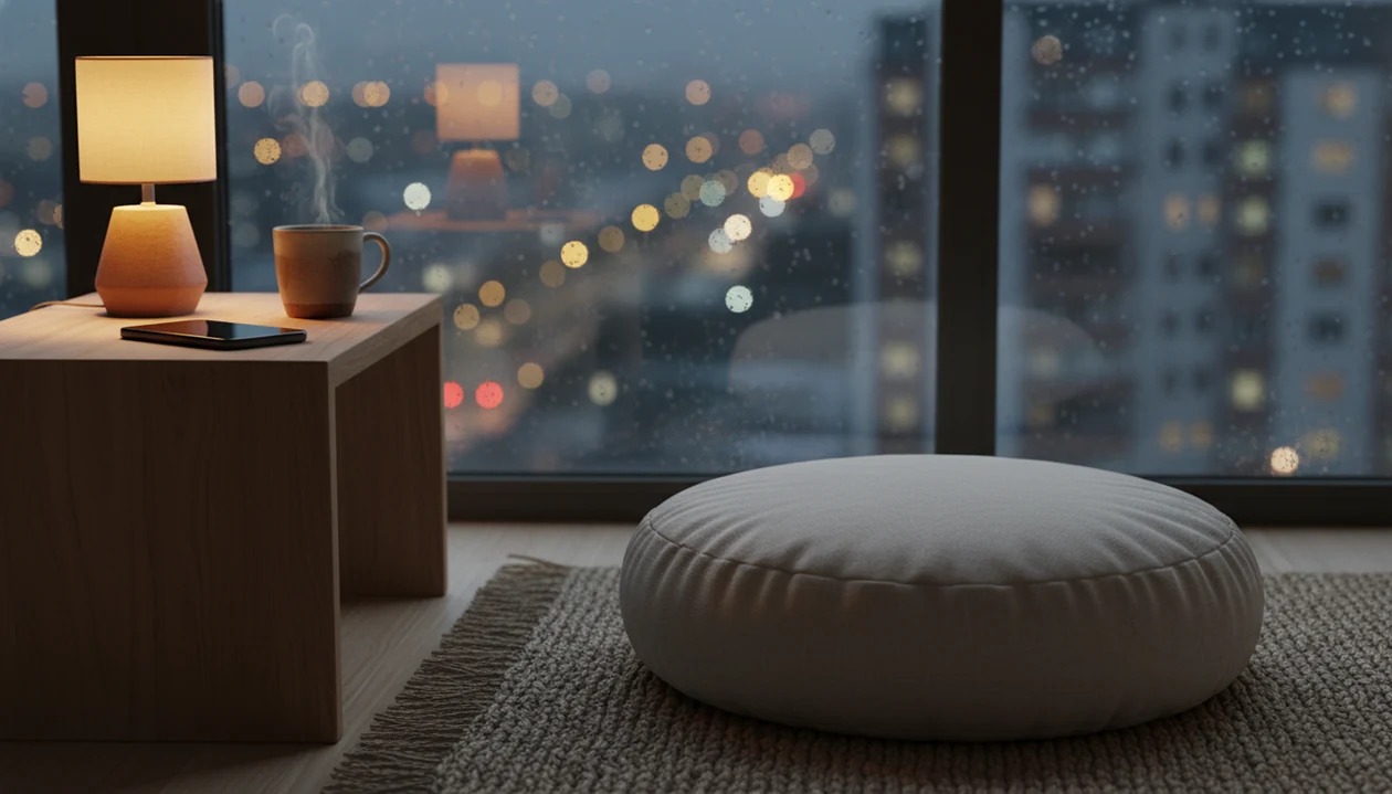 A quiet bedroom corner with a meditation cushion, tea, warm lamp, and rainy window at night.