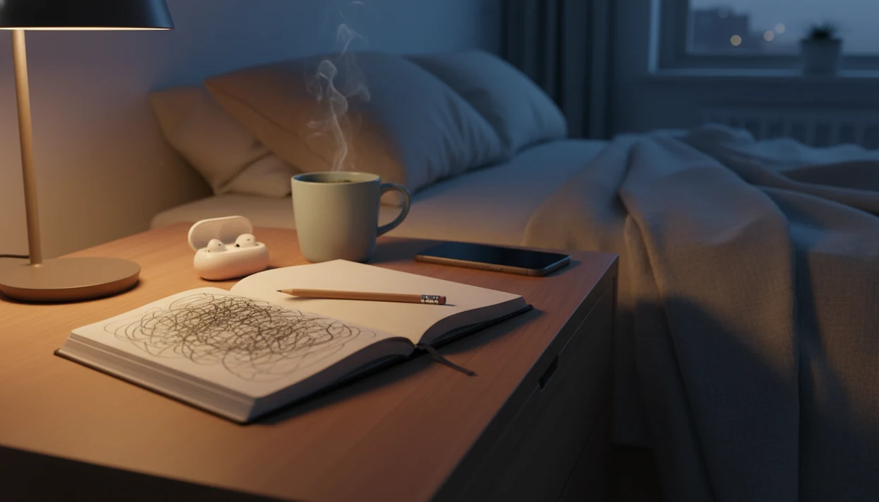 A quiet bedside still life with a notebook, pencil, sleep mask and phone on the nightstand.