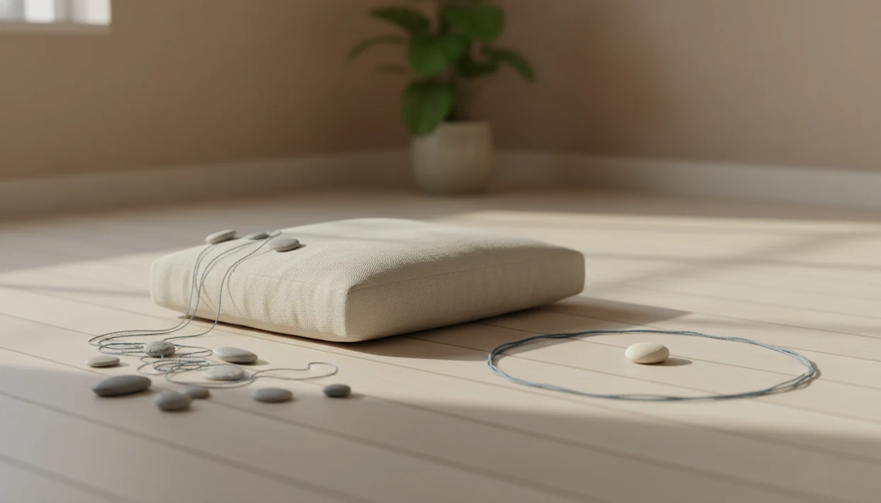 A meditation cushion sits beside tangled thread that gradually straightens around a small pebble.