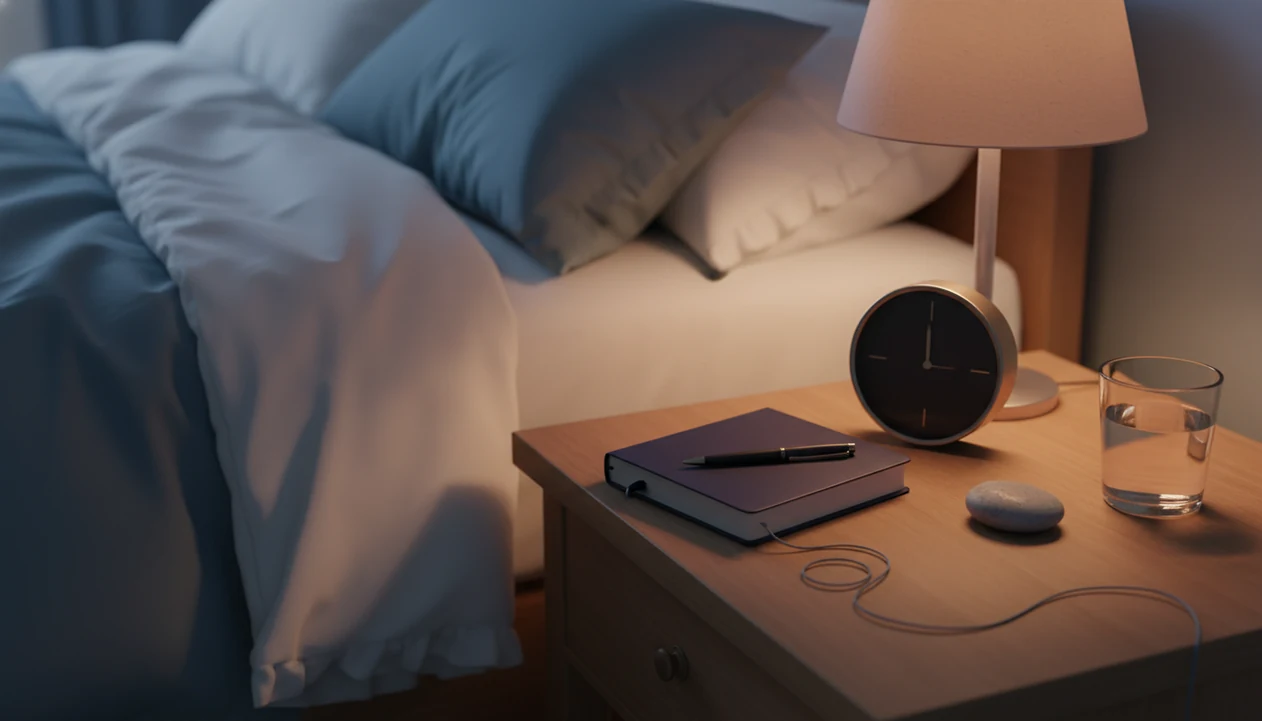 A calm bedside still life suggests nighttime guilt easing into mindful reflection.