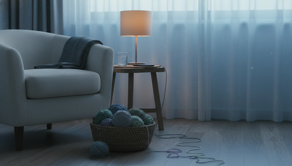 A quiet bedroom chair with a face-down phone, water glass, blanket, and soft dawn light through curtains.