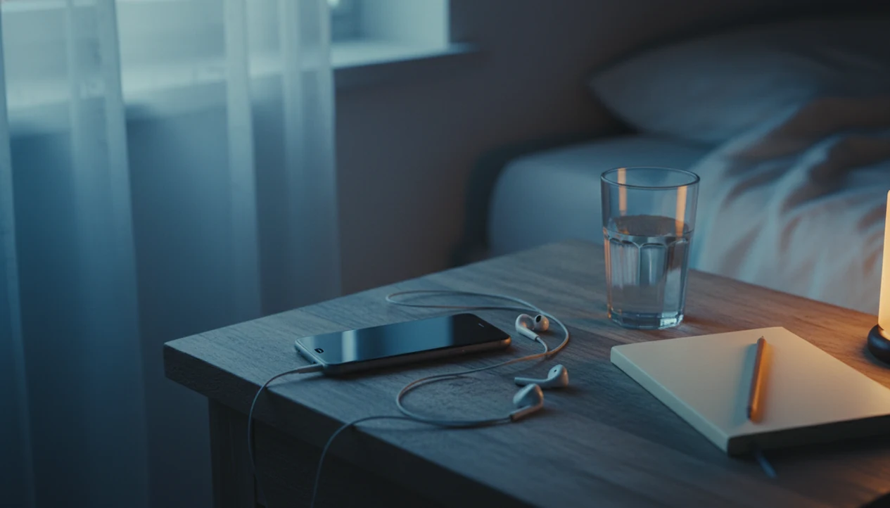 A quiet nightstand with tangled bedside phone with a downloaded calm track.