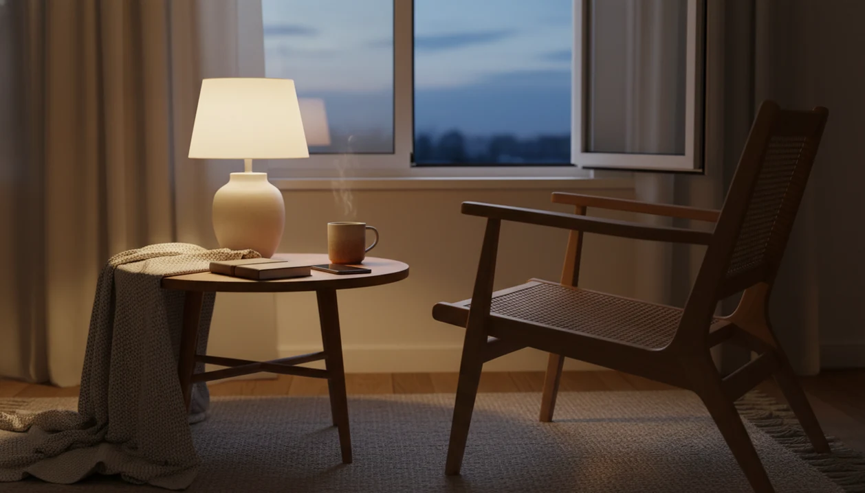 A calm evening room with an empty chair, warm lamp, mug, notebook, and phone face-down by a window.