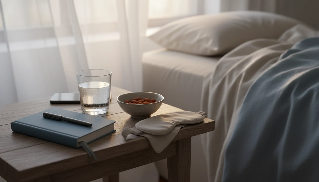 A calm bedside still life with a journal, water, snack, eye mask, and phone turned face down.