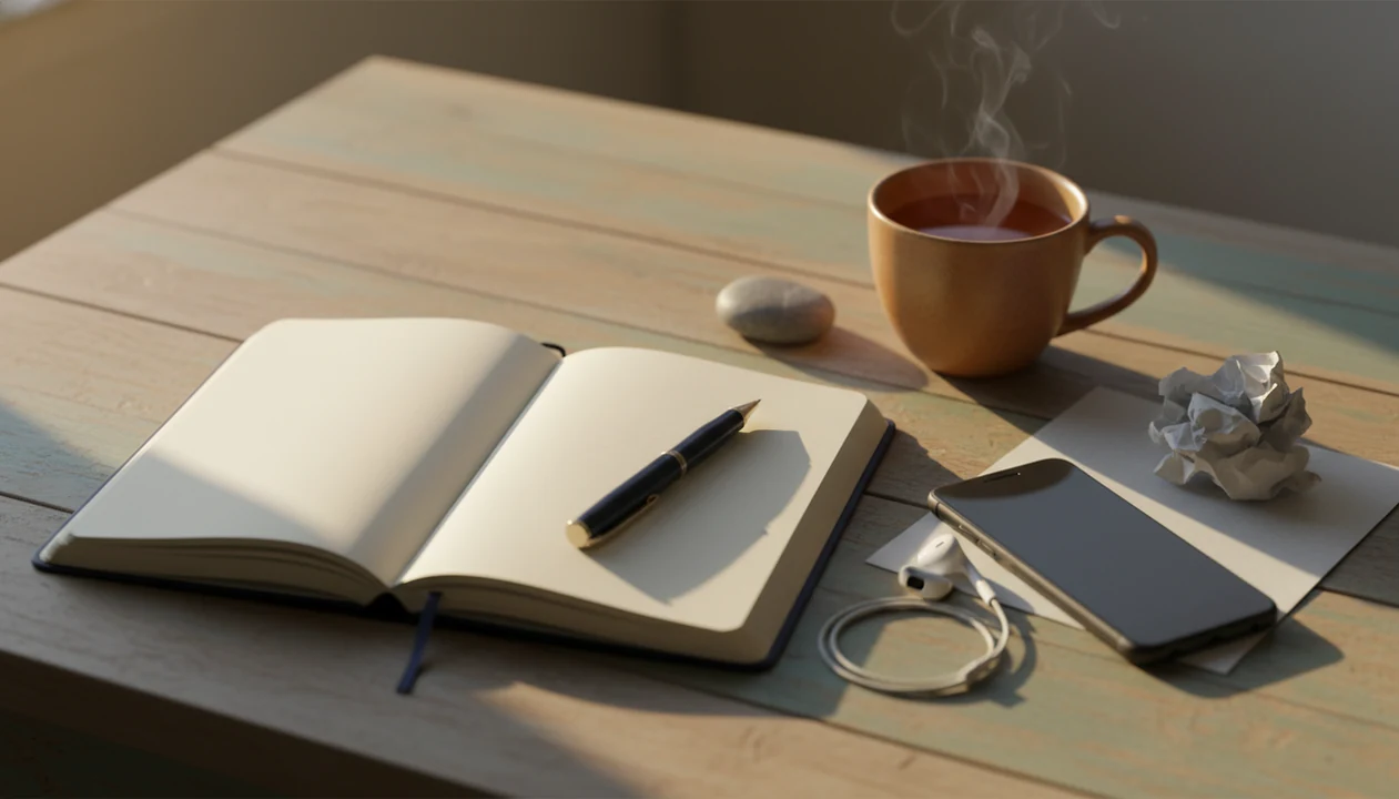 A calm desk scene with a blank journal, pen, phone on the nightstand with sleep audio ready.