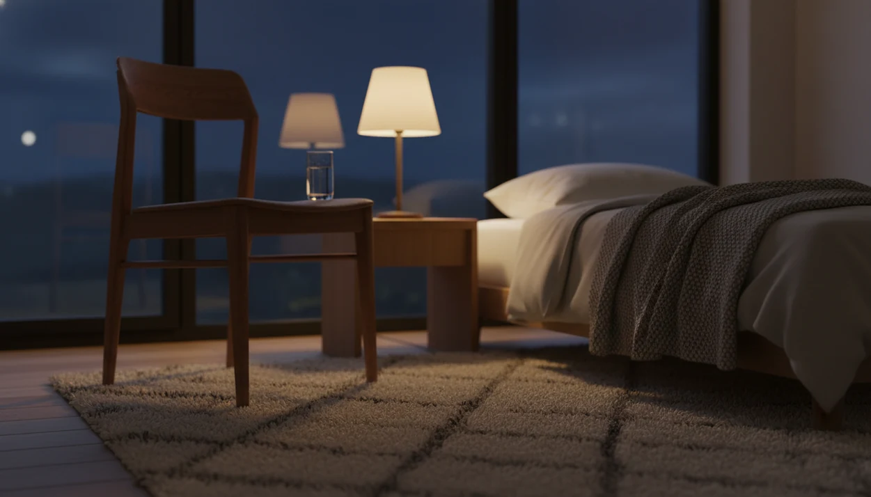 A calm bedroom corner with a chair, rug, lamp, blanket, and water glass for grounding at night.