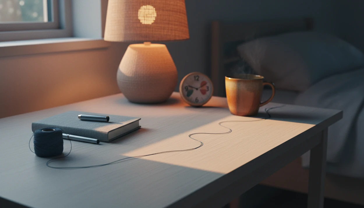 A tangled thread on a bedside desk smooths into a calm line near a lamp, notebook, mug, and clock.