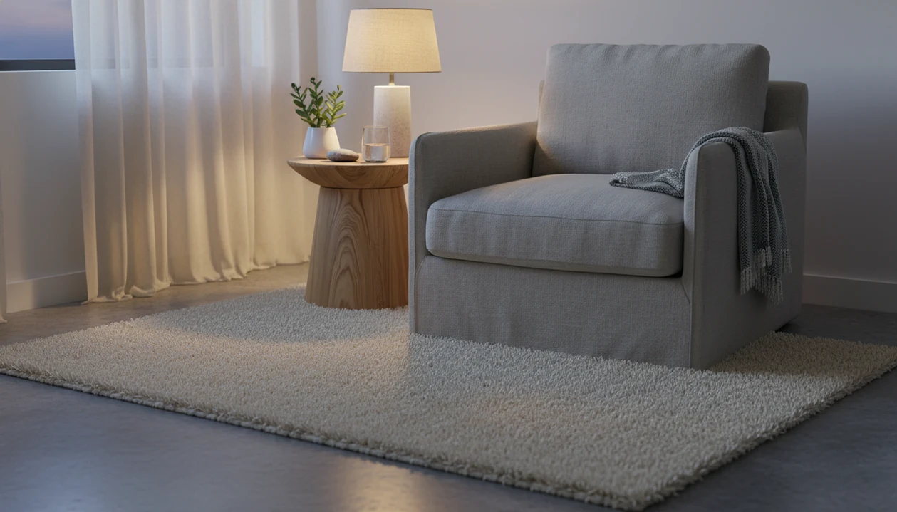 A calm bedroom corner with a chair, blanket, water glass, stone, and plant for grounding practice.